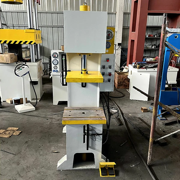 10-ton-single-arm-hydraulic-press-front-view 10 ton single arm hydraulic press machine for metal forming, front view showing compact C-frame structure and industrial design
