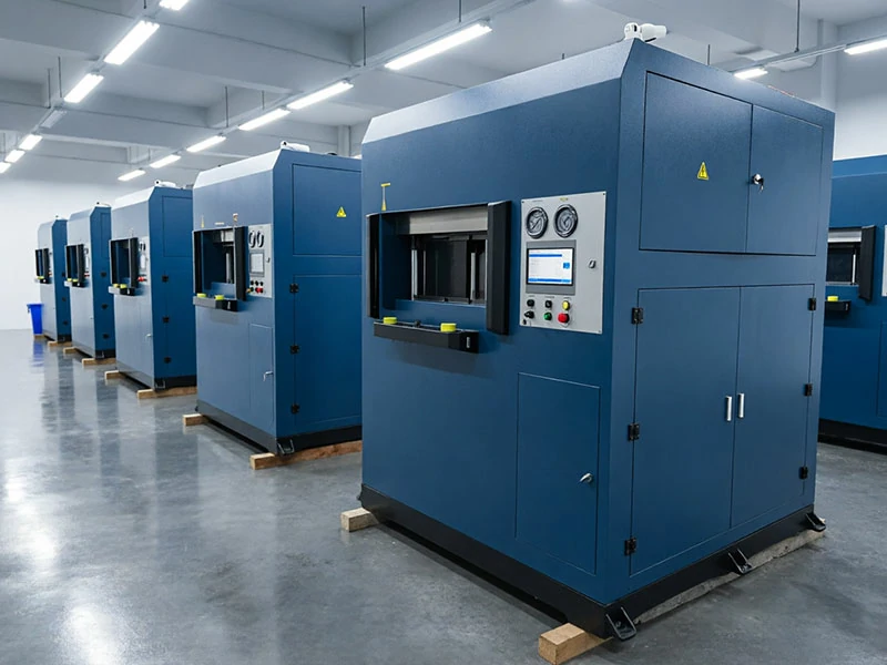 Vacuum chamber and degassing burp cycle in hydraulic press for composite material molding