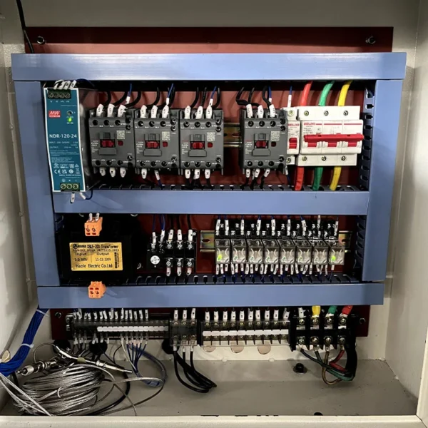 electrical-cabinet-inside-rubber-vulcanizing-machine Electrical cabinet interior of 160 ton hydraulic vulcanizing press, industrial control system for rubber and fiberglass molding machine