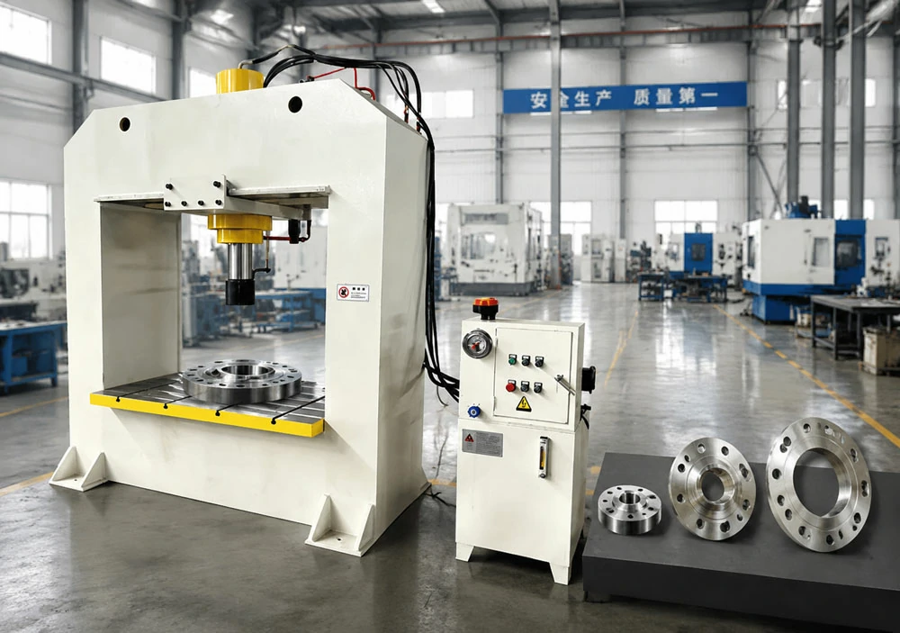 flange straightening hydraulic press technical diagram showing access and overhang