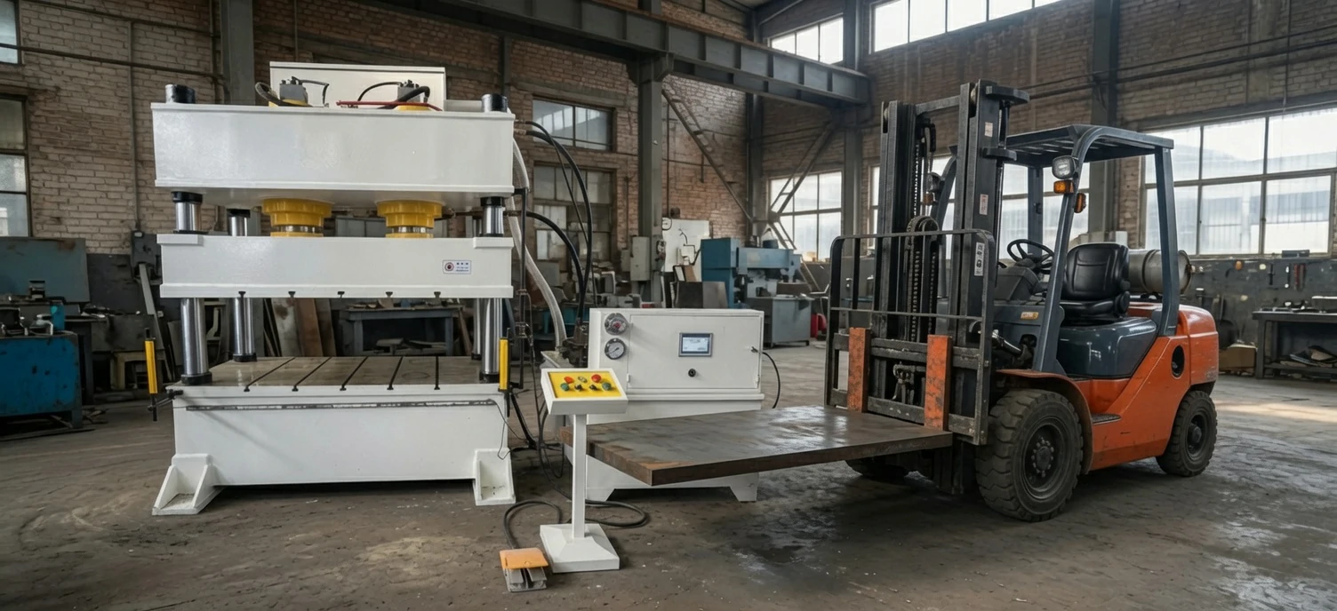 Hydraulic plate leveling press in workshop with forklift delivering thick steel plate for straightening